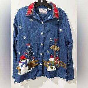 VTG 90s‎ Tantrums Christmas Snowmen Embroidered Denim Flannel Button Down XL T